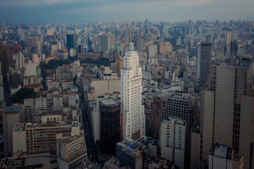 Fototapeta na wymiar Aerial view of Sao Paulo Historic City Center with Altino Arantes Building (former Banespa, now Farol Santander) and Se Cathedral - Sao Paulo, Brazil