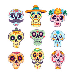 Mexican Sugar Skull collection. Isolated skulls, perfect for Day of the Dead sticker designs, online posts, party events... Set 2 o 2.