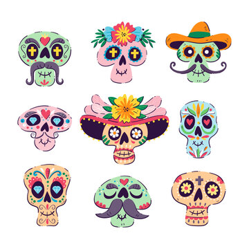 Mexican Sugar Skull collection. Isolated skulls, perfect for Day of the Dead sticker designs, online posts, party events... Set 1 o 2.