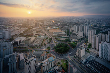 Fototapeta na wymiar Sunset Aerial View of Luiz Carlos Mesquita Square Roundabout at Varzea da Barra Funda - Sao Paulo, Brazil