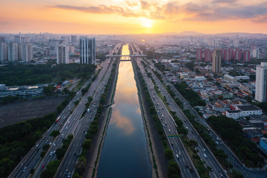Tiete River, Marginal Tiete Highway and Limao Bridge aerial view at sunset - Sao Paulo, Brazil
