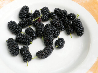 ripe dark mulberry berries on a white plate