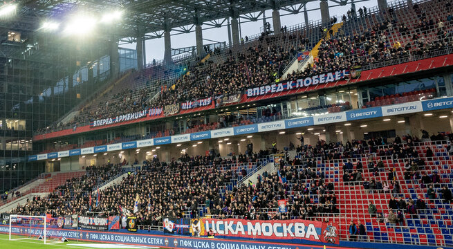 October 27, 2019, Moscow, Russia. Fans of the CSKA football club on the spectator stand before the start of the match.
