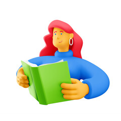 3d illustration. Cartoon girl 3d character with book. learning concept. PNG image.