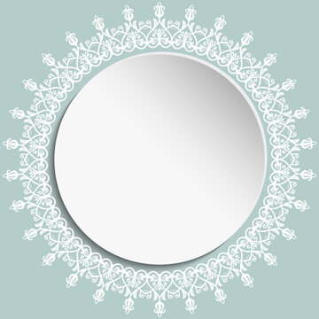 Round frame with floral elements and arabesques. Round pattern with white arabesques. Fine greeting card