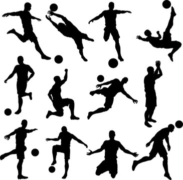 A set of Soccer Footballer Silhouettes in lots of different poses