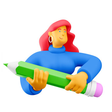 3d illustration. Cartoon girl 3d character with pencil. Concept of creativity. PNG image.