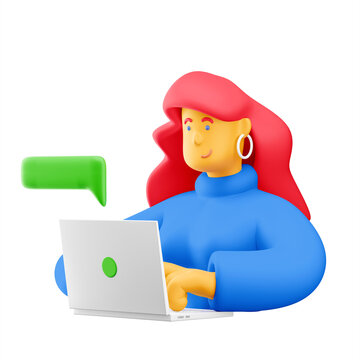 3d illustration. Cartoon girl 3d character with laptop. social media concept. PNG image.
