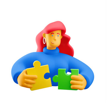 3d illustration. Cartoon girl 3d character with puzzle. Creativity concept. PNG image.