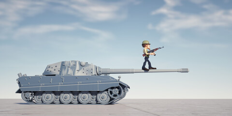 Soldier standing on tank with a gun.