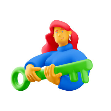 3d illustration. Cartoon girl 3d character with big key. PNG image.