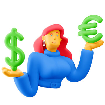 3d illustration. Cartoon girl 3d character with dollar and euro sign.   Currency concept. PNG image.