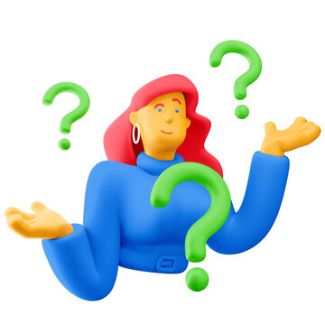 3d illustration. Cartoon girl 3d character with question mark sign. PNG image.