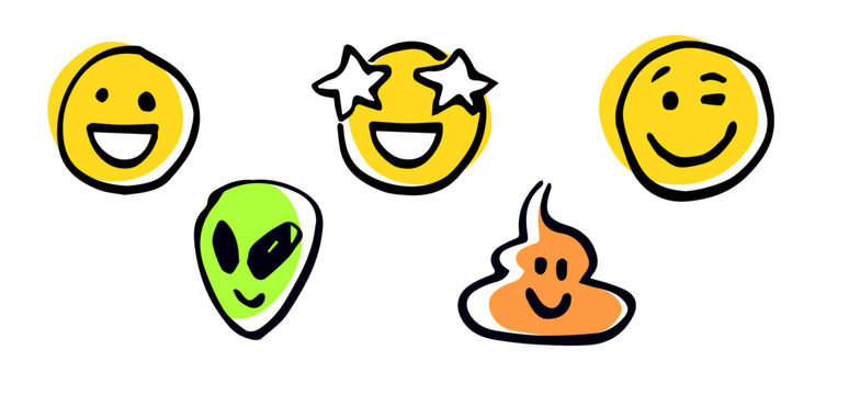 Emojis, emoticons. Vector illustration of happy faces, smile with star eyes, winking, alien and poop. Cheerful and funny faces. Set isolated over white background. Ideal for logo composition, handmade