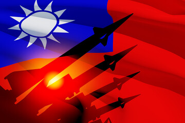 The missiles are aimed with Taiwan flag. Nuclear bomb, chemical weapons, missile defense, a system of salvo fire. 3d-rendering.