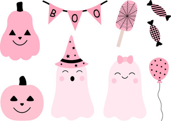 Set cute pink ghosts pumpkin Halloween vector illustration
