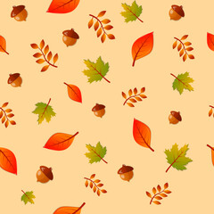 Autumn decorative seamless pattern with seasonal  acorns and leaves