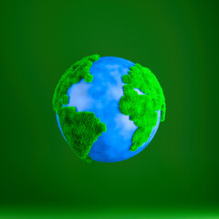 Green planet earth with grass texture on green background.