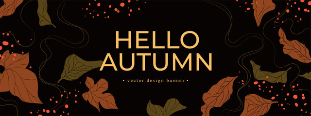 Autumn banner with orange ocher and green leaves on black background. Design template for autumn, halloween, harvest, thanksgiving advertising, web, social media.