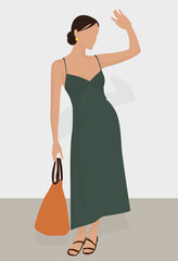 Vector flat image of a girl with dark hair. Lady in a sundress, sandals and a bag. Design for cards, avatars, backgrounds, posters, banners, textiles, templates.