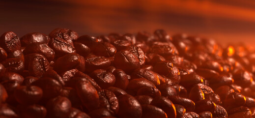 Dark freshly roasted coffee beans with sun rays, 3d rendering background. Side view. Masses of coffee beans close up at sunset. Brown roasted coffee beans falling. 