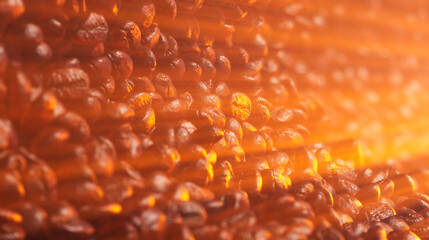 Dark freshly roasted coffee beans with sun rays, 3d rendering background. Side view. Masses of coffee beans close up at sunset. Brown roasted coffee beans falling. 