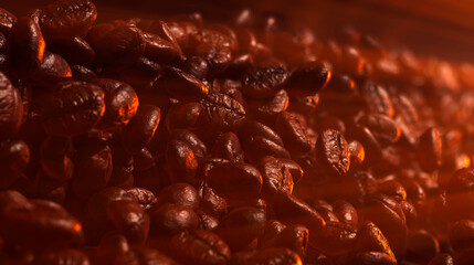 Dark freshly roasted coffee beans with sun rays, 3d rendering background. Side view. Masses of coffee beans close up at sunset. Brown roasted coffee beans falling. 