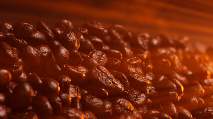 Dark freshly roasted coffee beans with sun rays, 3d rendering background. Side view. Masses of coffee beans close up at sunset. Brown roasted coffee beans falling. 