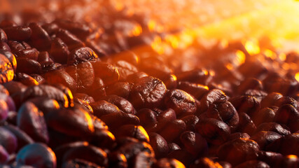 Dark freshly roasted coffee beans with sun rays, 3d rendering background. Side view. Masses of coffee beans close up at sunset. Brown roasted coffee beans falling. 