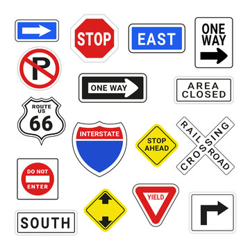 American road signs collection vector flat traffic caution signboard information messages