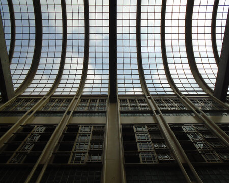 Symmetrical view of ceiling windows and structure