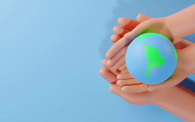 Group of Hands holding earth globe on blue background, International human solidarity day concept, world health day, safe world concept with copy space, 3D rendering illustration.