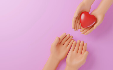 Cartoon Hands holding a red heart on blue background, CSR or Corporate Social Responsibility, health care, family insurance, heart donate concept, world health day, charity donation, 3D render