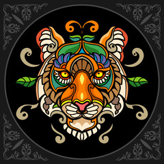 Colorful Tiger zentangle arts isolated on black background