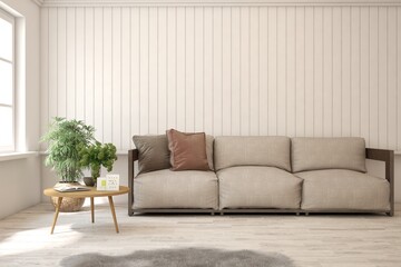 Modern living room in white color with sofa. Scandinavian interior design. 3D illustration