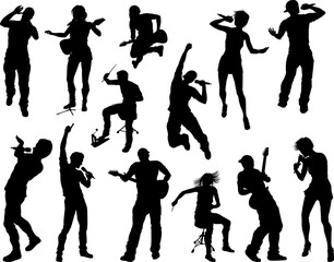 A set of musicians, rock or pop band singers, drummers, and guitarists high quality silhouettes