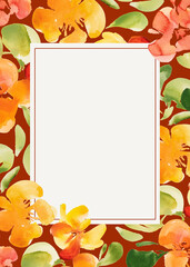 Fall watercolor frame with botanical elements and flowers and copy space
