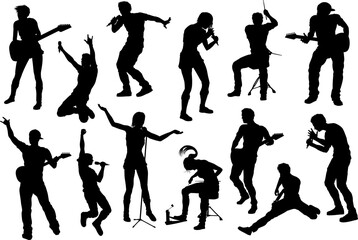 High quality silhouettes of musicians in a rock or pop band with singers, drummers, and guitarists