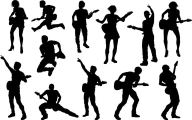 A set of guitarist musicians in detailed silhouette playing their guitars.