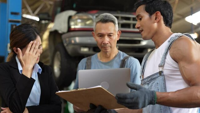 auto car service maintenance concept, customer person discussion and talking with mechanic technician for automobile occupation job to vehicle checking and repair, meeting with client in garage