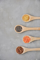 Different or various types of dry beans or dried legumes in wooden spoon on gray background. Whole grains, healthy food and diet concept. Top view. Flat lay