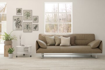 White living room with sofa and winter landscape in window. Scandinavian interior design. 3D illustration