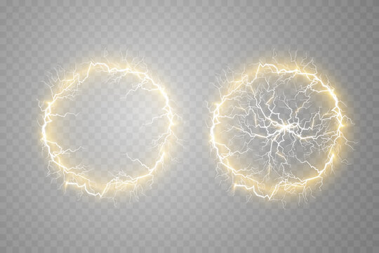 Ball lightning on a transparent background. Vector illustration, abstract electric lightning in gold color. Light flash, thunder, spark.