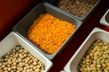 Containers with legume foods and seeds