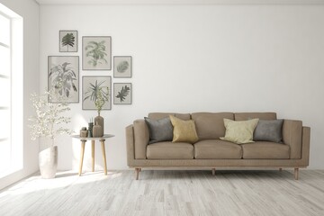 White living room with sofa. Scandinavian interior design. 3D illustration