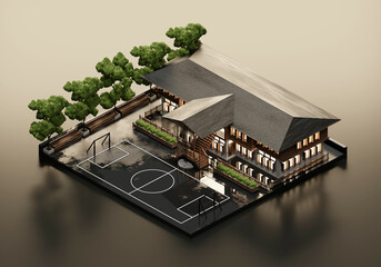 3D Rendering Schools In Ancient Thailand In Isometric View Exterior Background