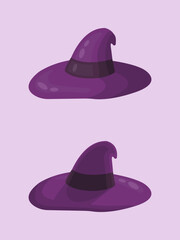 Witch hats halloween set. Vector halloween illustration isolated on violet background. halloween clothing sign, halloween clothing witch. accessories for Halloween,witch hat with curved crown