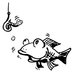 Worm on bait challenges a fish - humorous concept and hand drawing
