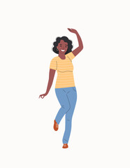 Young woman with dark skin dance to music. Woman stand full body. Flat style cartoon vector illustration.