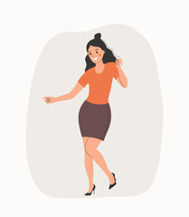 Young woman dance to music. Woman stand full body. Flat style cartoon vector illustration.